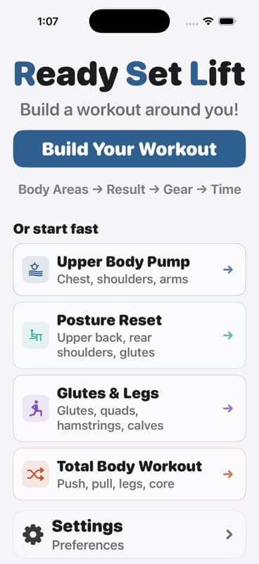 ReadySetLift Home showing the Build Your Workout action and quick workout starting points.